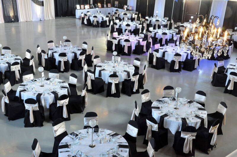 Cambridge Armoury Black Chair Covers with White Satin Sashes