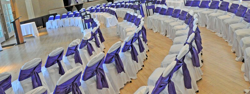 Victoria Park Pavilion Weddings - White Chair Covers with Purple Satin Sashes