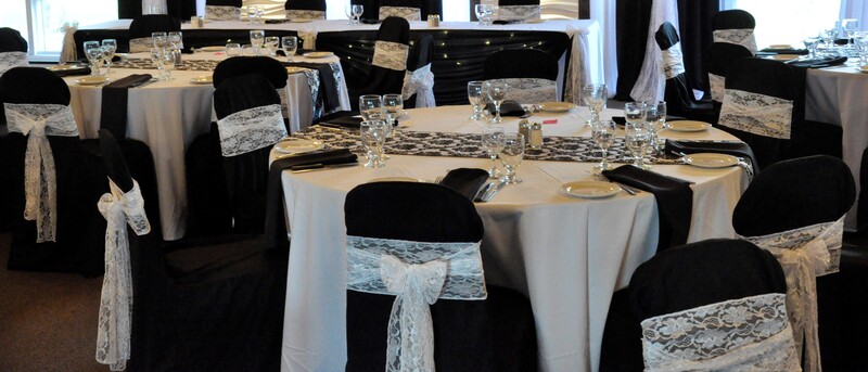 Dundee Country Club Wedding - Black Chair Covers, White Lace Sashes, Damask Runners
