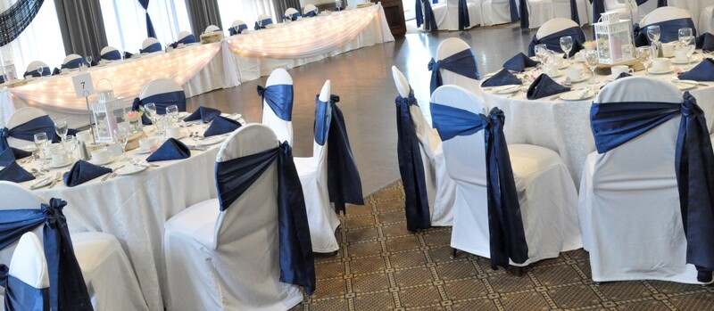 Galt Country Club Weddings White Chair Coverse with Navy Satin Sashes Tied at Side