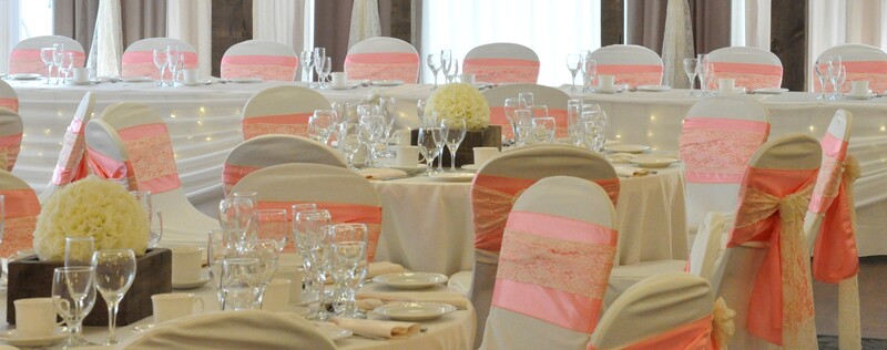 Elm Hurst Inn Wedding Chair Covers with Pink Satin Sashes and Lace Sash Accents, Ingersol Weddings