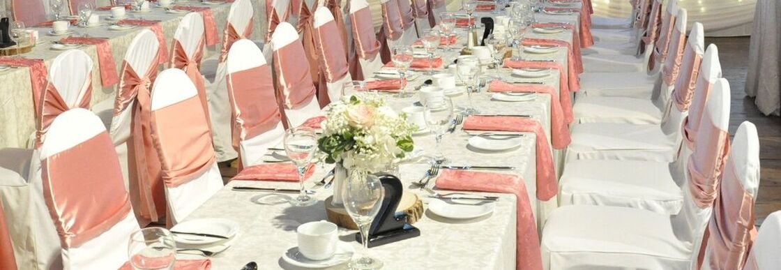 Steckle Barn Wedding - White Chair Covers with Pink Satin Sahes, Kitchener Waterloo