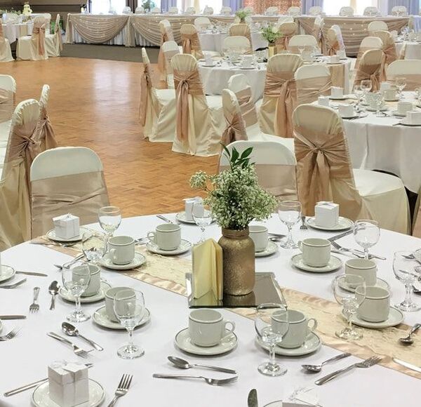 Gold/Champagne Sashes on White Chair Covers, WRPA Hall, Kitchener Waterloo Weddings Decor, Wagerloo Region Police Association
