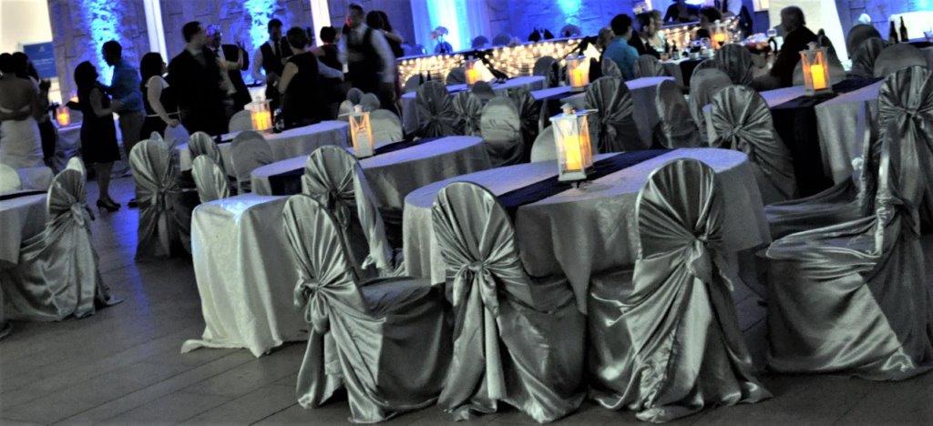 Silver Satin Chair Covers for Wedding/Event at Waterloo Regional Museum