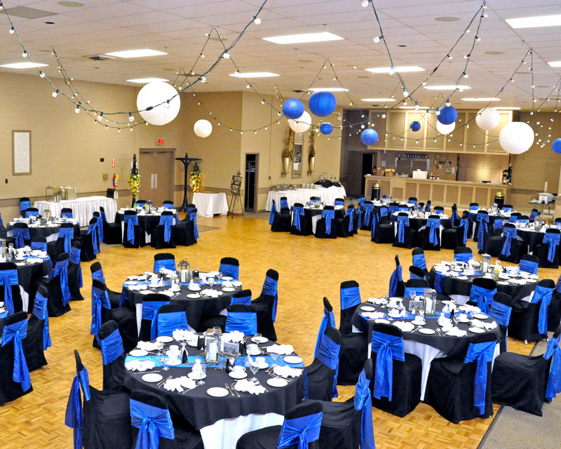 WRPA Police Association (Police Hall) Black Chair Covers with Blue Satin Sashes, Kitchener Waterloo