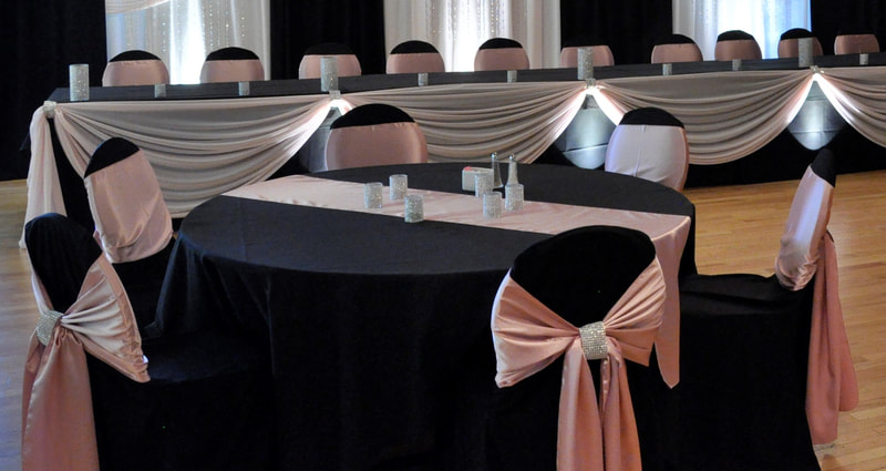 Craigowan Weddings and Events - Black Chair Covers with Pink Satin Chair Cover Sashes